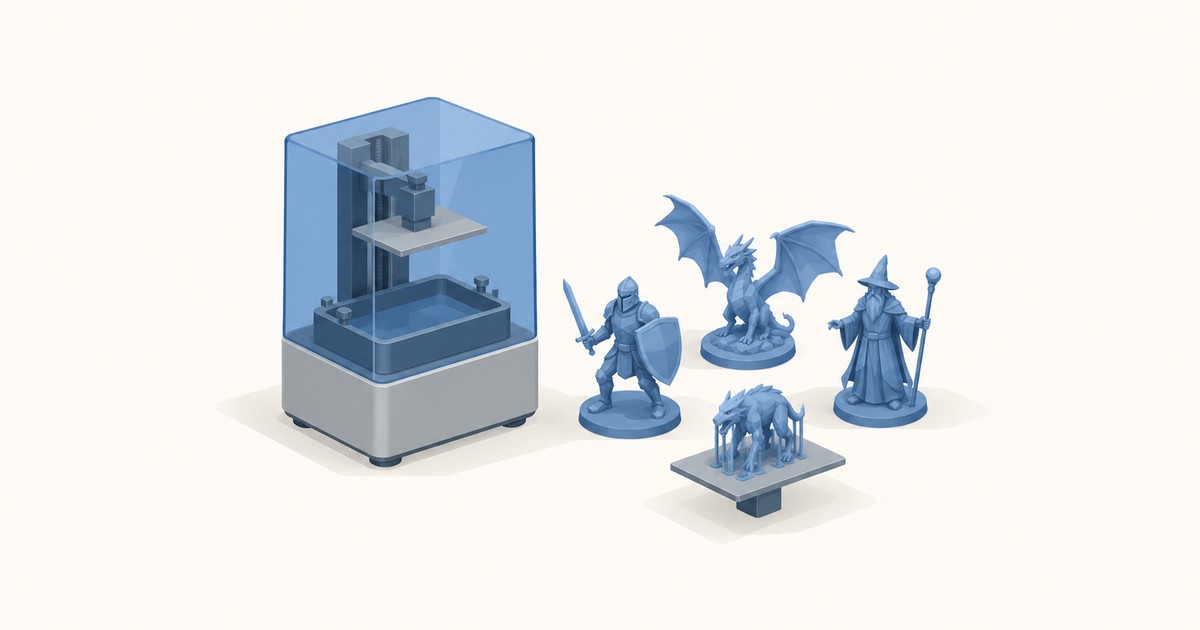 Compact resin 3D printer with a blue tinted cover beside blue printed miniatures of a knight, dragon, wizard, and a wolf still on its supports