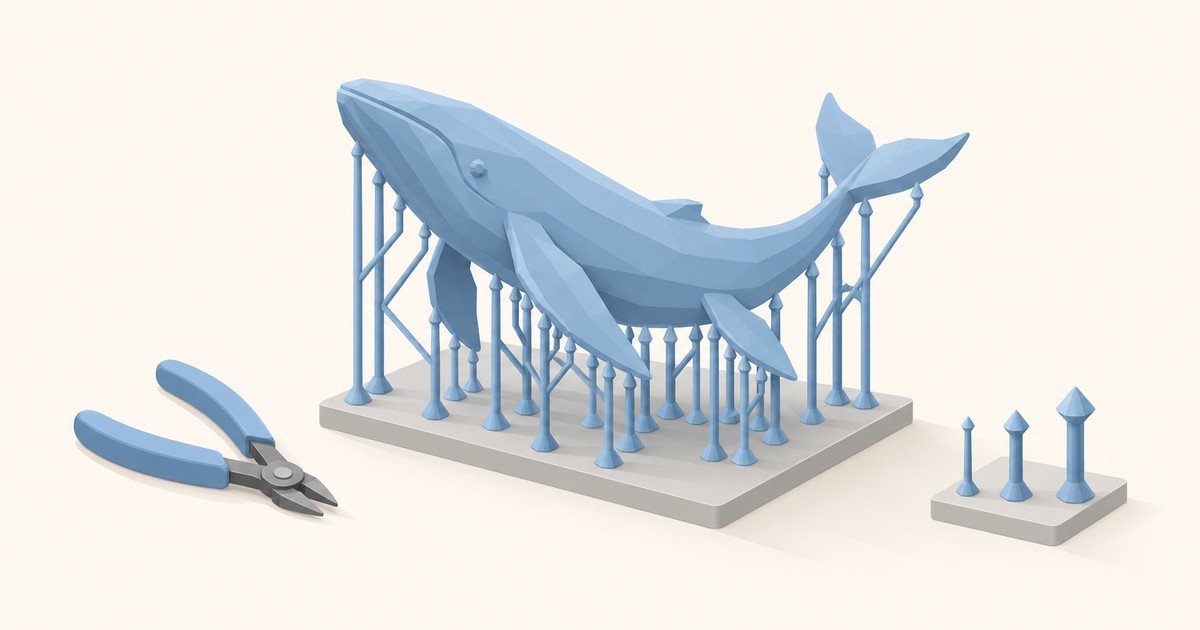Blue low-poly resin whale held up by thin support pillars on a gray build plate, beside flush cutters and a small base showing three support tip sizes.