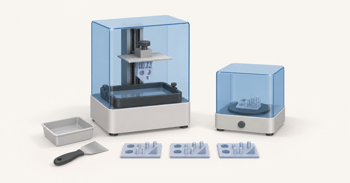 MSLA resin printer with blue UV hood and vat beside a curing station, three exposure test prints with pins and holes, a rinse tray and a scraper