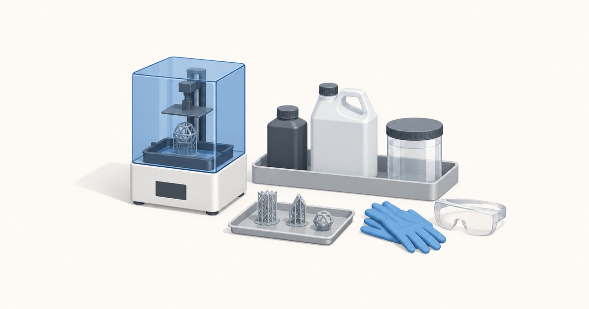 Resin 3D printer with blue cover beside bottles and a jar on a tray, printed parts on a small tray, blue nitrile gloves, and safety goggles