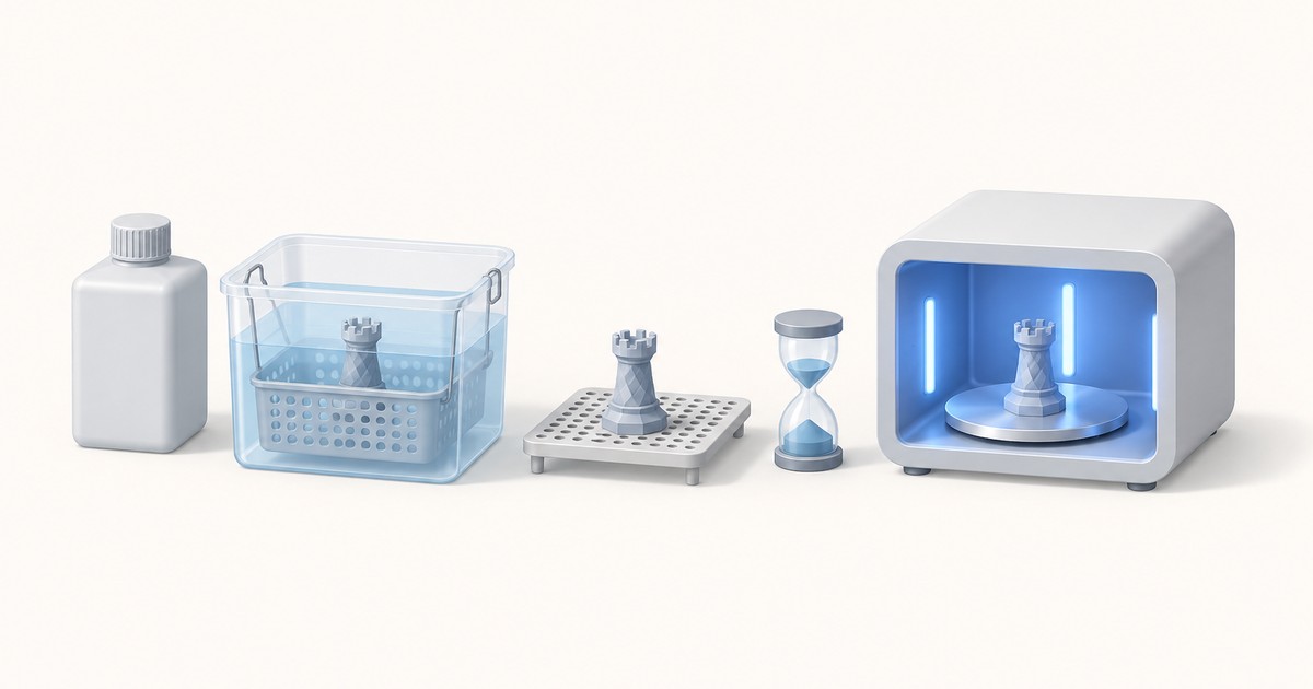 Solvent bottle, wash tub with a basket holding a resin rook, the rook drying on a rack, an hourglass, and a UV curing chamber with a turntable, in a row