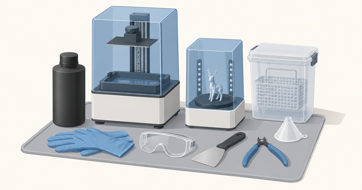 Resin 3D printer, UV curing station with a deer figurine, wash container, resin bottle, gloves, goggles, scraper, cutters and funnel on a gray mat.