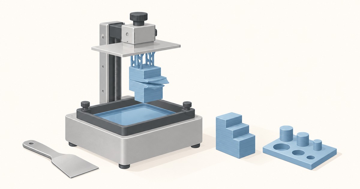 Resin 3D printer with a blue print splitting apart between layers on the build plate, beside a metal scraper, a stepped block, and a peg test piece