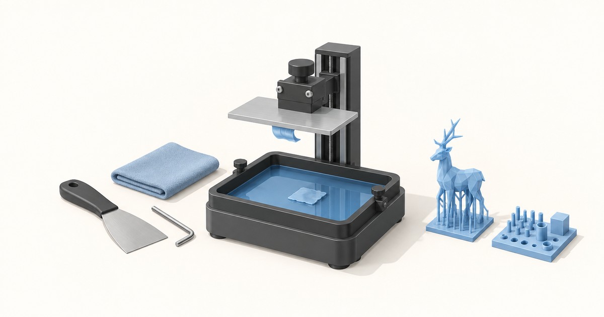 Resin 3D printer with a build plate above a blue resin vat holding a stuck failed print, beside a scraper, hex key, microfiber cloth, and blue printed deer model