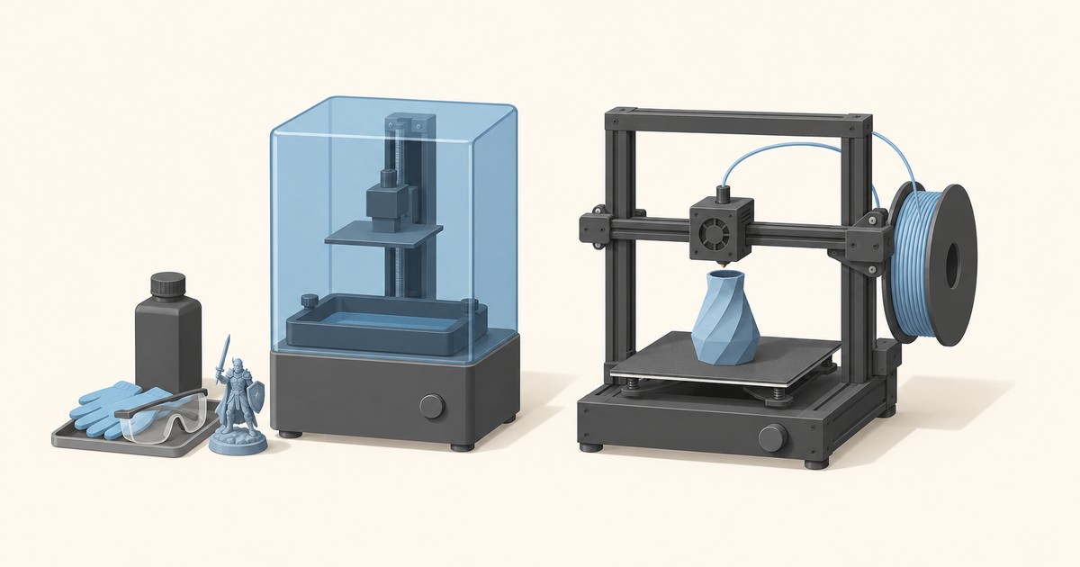 Resin printer with blue cover beside an FDM printer printing a twisted blue vase, with a resin bottle, gloves, goggles and a knight miniature