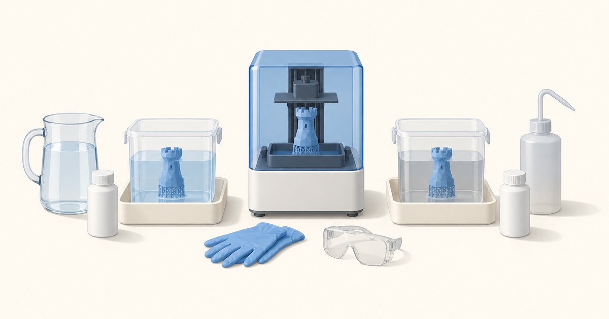 Resin 3D printer with blue rook print, flanked by two wash tubs holding rooks, a water jug, a wash bottle, resin bottles, nitrile gloves and safety goggles